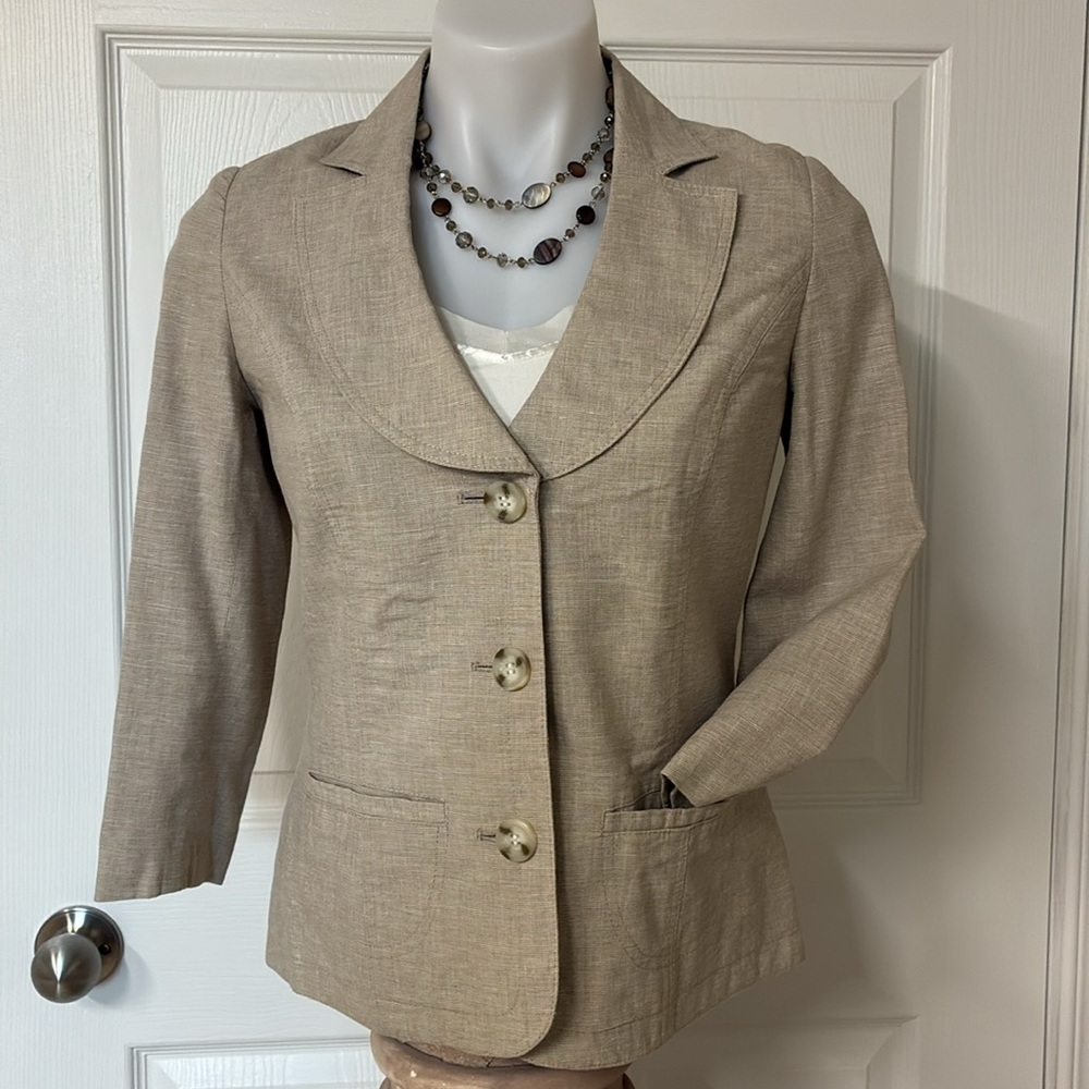 Cleo Beige & Cream Blazer, Linen / Rayon Blend Jacket;  Size: 4 Petite; Vintage